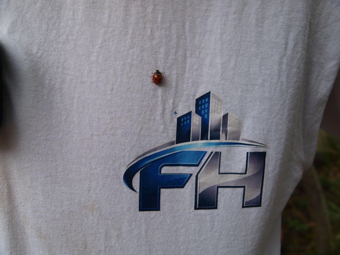 Nahaufnahme: Logo von Gebäudeservice FH auf dem Arbeits-T-Shirt, daneben ein Marienkäfer